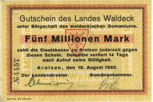 5 Mio. Mark Paul Pusch, Bad Wildungen Landesdirektor & Domnenkammer Land Waldeck Inflationsausgabe avers.jpg