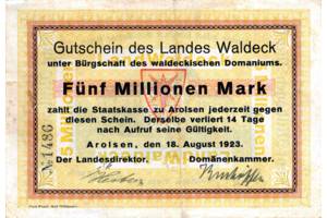 5 Mio.Mark Paul Pusch, Bad Wildungen Landesdirektor & Domnenkammer Land Waldeck Inflationsausgabe avers.jpg