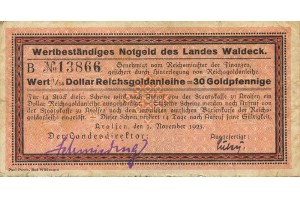 30 Gold-Pfg. Paul Pusch, Bad Wildungen Landesdirektor & Domnenkammer Land Waldeck wertbestndiges Notgeld avers.jpg