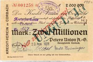 2 Mio.Mark Wilh. Bing, Corbach Peters Union A.G. Zweigfabrik Corbach Inflationsausgabe avers.jpg