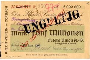5 Mio.Mark Wilh. Bing, Corbach Peters Union A.G. Zweigfabrik Corbach Inflationsausgabe avers.jpg