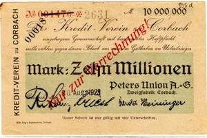 10 Mio.Mark Wilh. Bing, Corbach Peters Union A.G. Zweigfabrik Corbach Inflationsausgabe avers.jpg