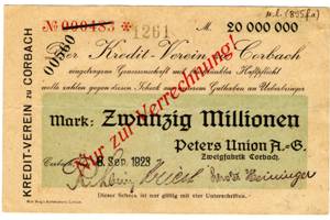 20 Mio.Mark Wilh. Bing, Corbach Peters Union A.G. Zweigfabrik Corbach Inflationsausgabe avers.jpg