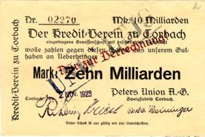 10 Mrd.Mark - Peters Union A.G. Zweigfabrik Corbach Inflationsausgabe avers.jpg