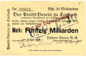50 Mrd.Mark - Peters Union A.G. Zweigfabrik Corbach Inflationsausgabe avers.jpg