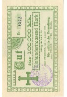 100 Tsd.Mark <small>Buchdruckerei Pyrmonter Zeitung, </small><br>A. Reinhardt, Bad Pyrmont St�dtische Verwaltung Pyrmont Inflationsausgabe averssmall.jpg